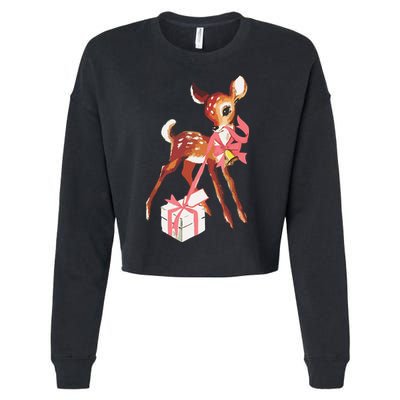 Retro Vintage Reindeer Pink Christmas Baby Deer Cottagecore Cropped Pullover Crew