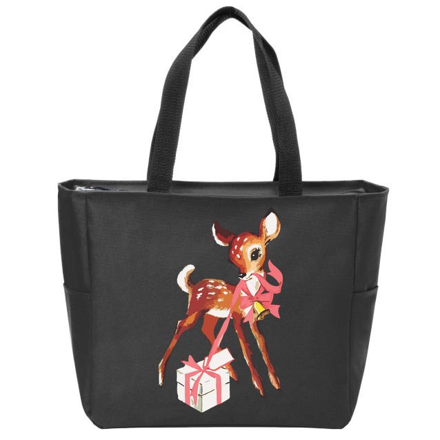 Retro Vintage Reindeer Pink Christmas Baby Deer Cottagecore Zip Tote Bag