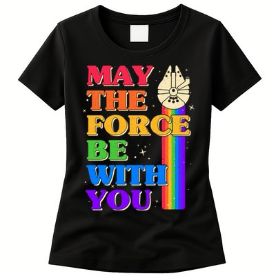 Retro Vintage Rainbow May The 4th May The Force Be With You Womens T-Shirt