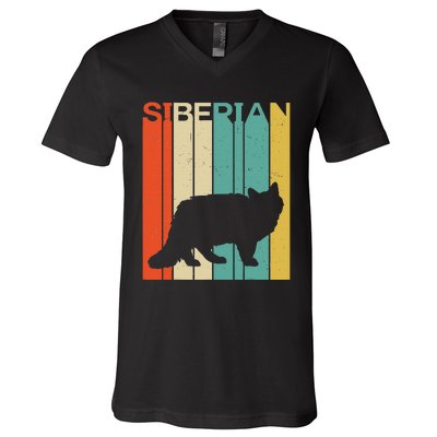 Retro Vintage Siberian Cat Silhouette Siberian Cat Lover V-Neck T-Shirt