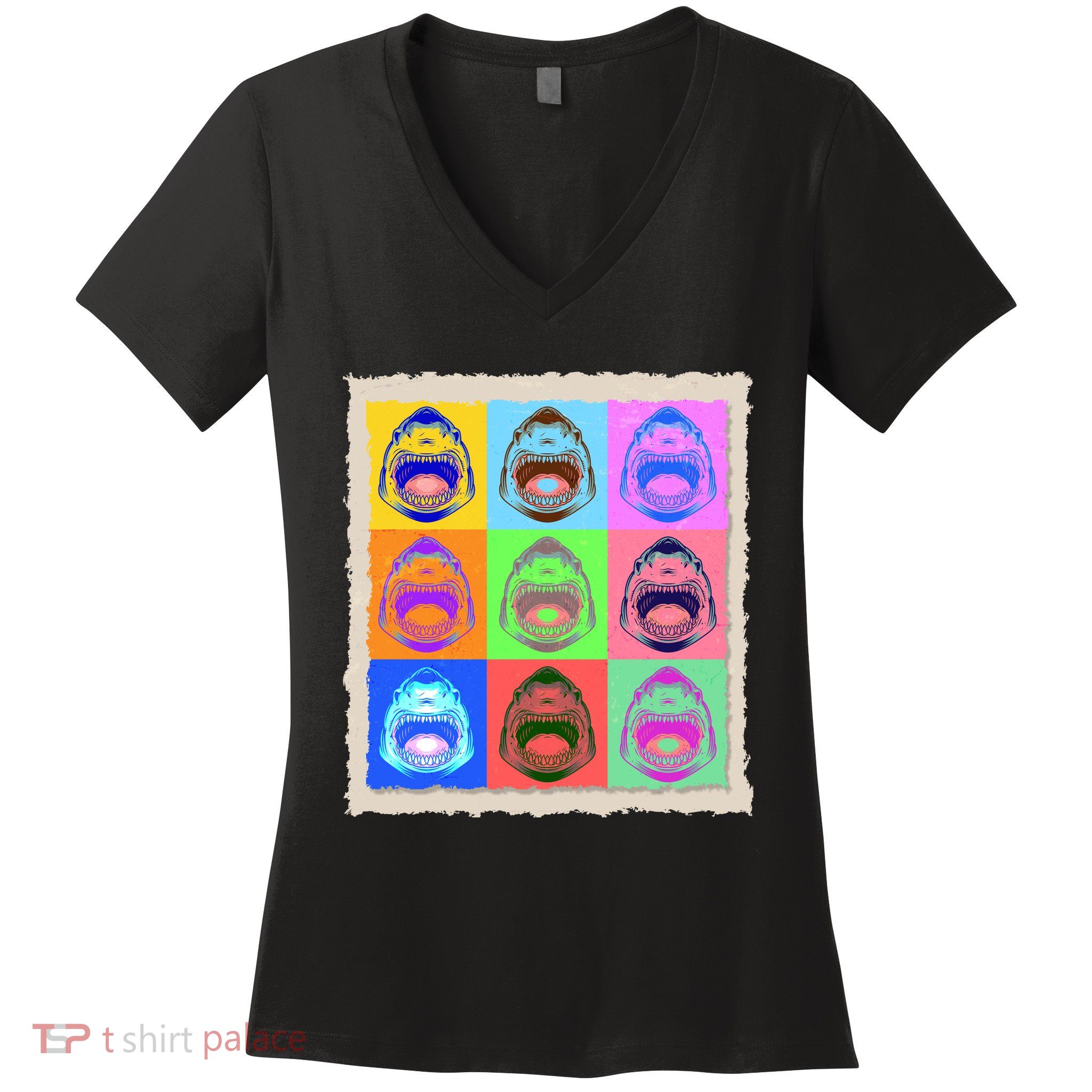 Retro Vintage Shark Attack Pop Art Poster Women's V-Neck T-Shirt