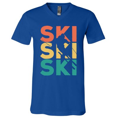 Retro Vintage Skiing Gift For Skiers Gift V-Neck T-Shirt