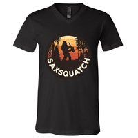 Retro Vintage Sax Squatch Yeti Bigfoot Playing Saxophone V-Neck T-Shirt