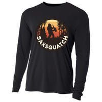 Retro Vintage Sax Squatch Yeti Bigfoot Playing Saxophone Cooling Performance Long Sleeve Crew