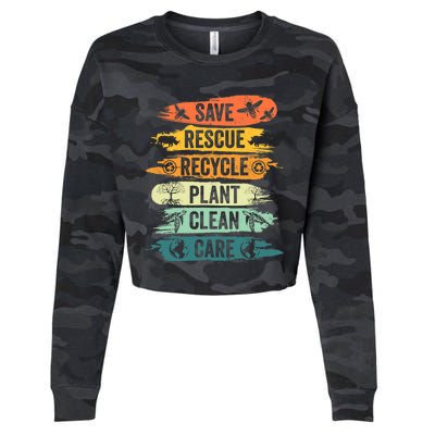 Retro Vintage Save Bees Rescue Animals Recycle Fun Earth Day Cropped Pullover Crew