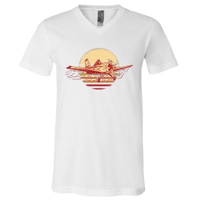 Retro Vintage Sunset Airplane V-Neck T-Shirt