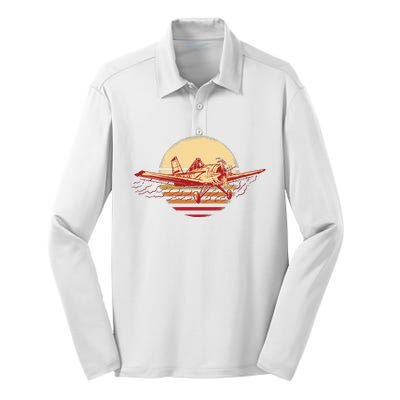 Retro Vintage Sunset Airplane Silk Touch Performance Long Sleeve Polo