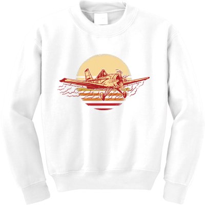 Retro Vintage Sunset Airplane Kids Sweatshirt
