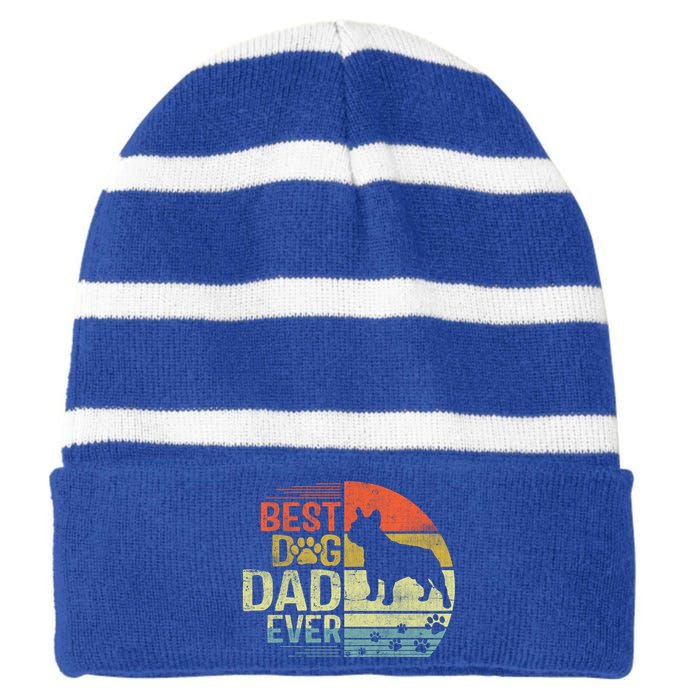 Retro Vintage Sunset Best French Bulldog Dog Dad Ever Gift Striped Beanie with Solid Band