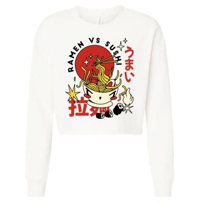 Ramen Vs Sushi Retro Japanese Food Cropped Pullover Crew