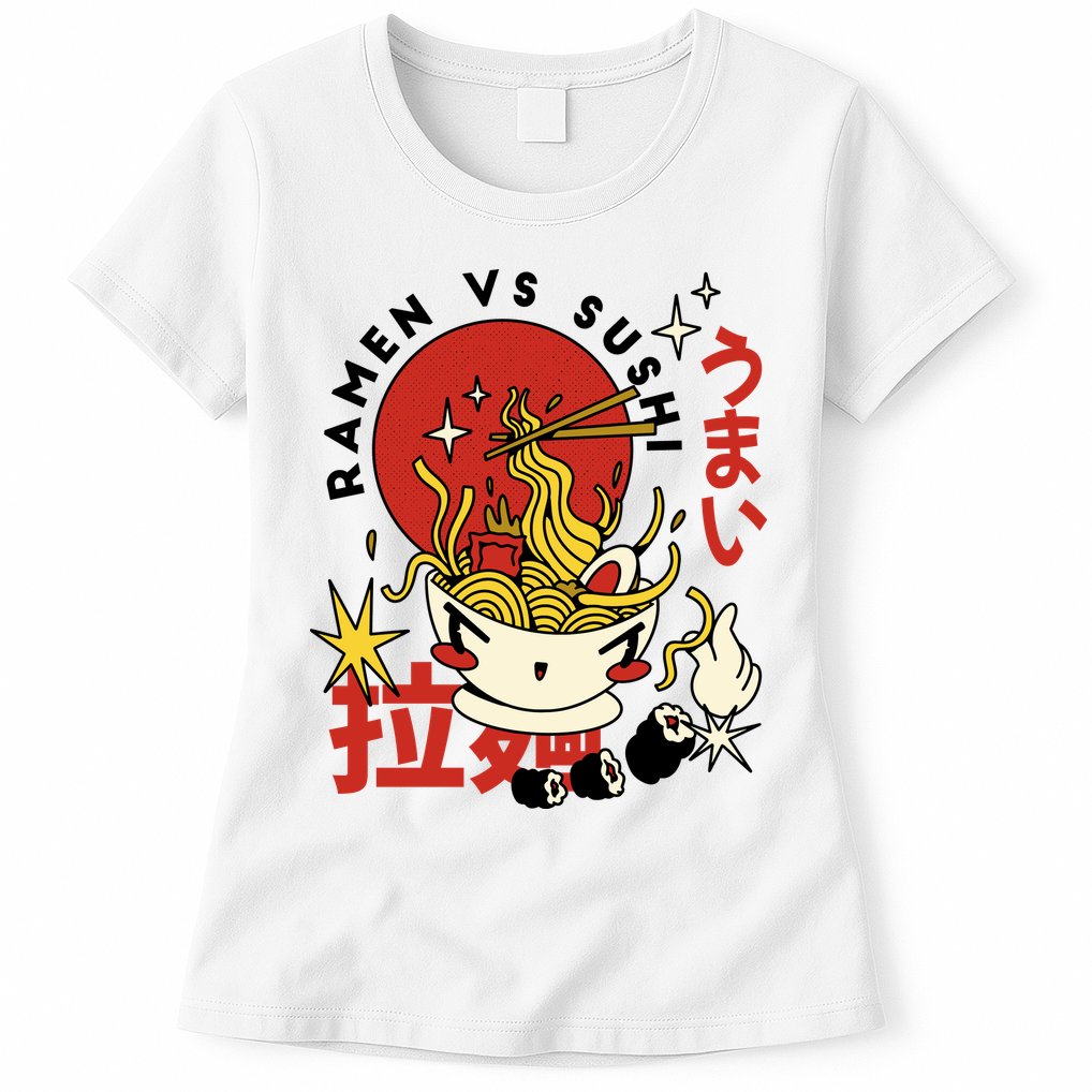 Ramen Vs Sushi Retro Japanese Food Womens T-Shirt