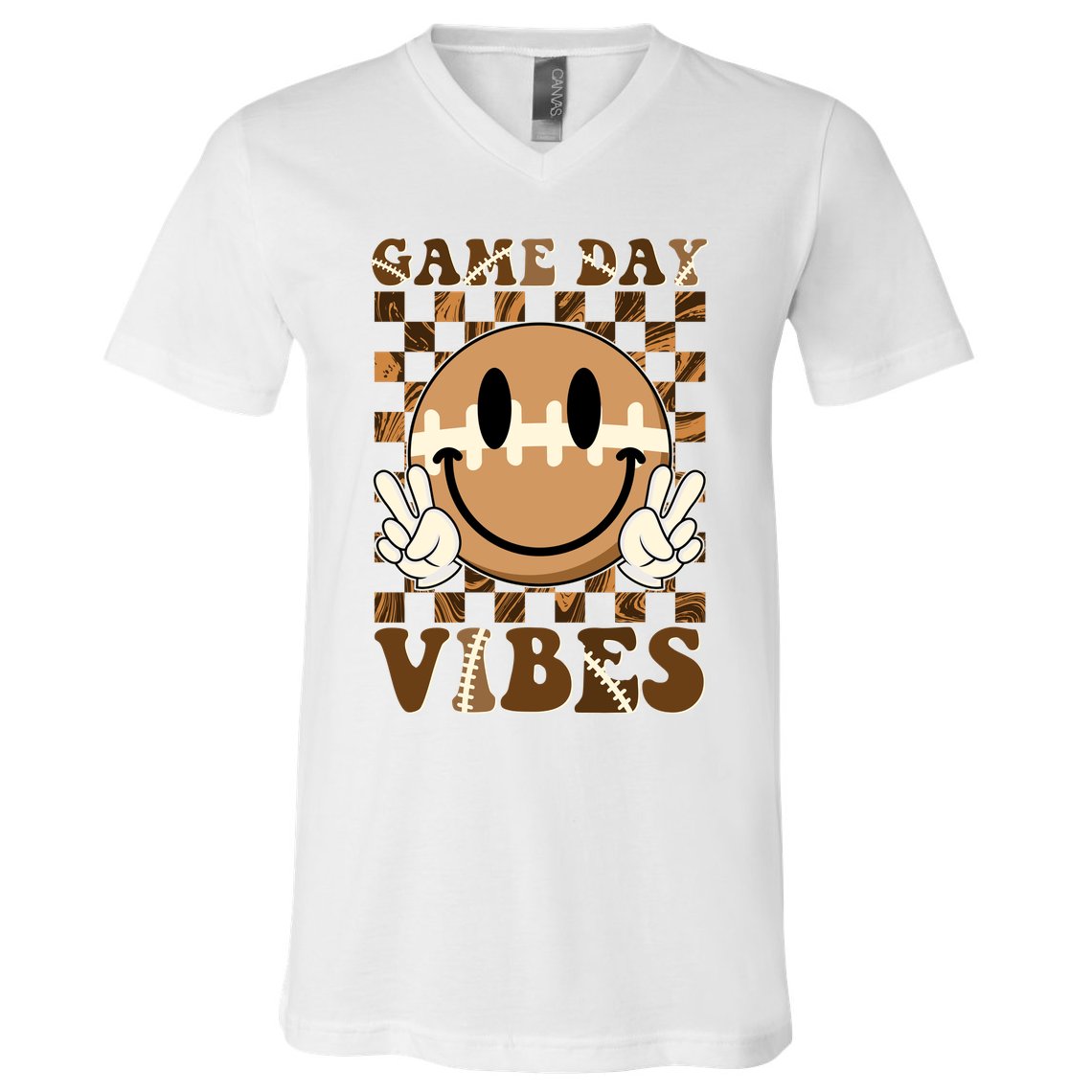 Retro Vintage Smiley Emoji Game Day Vibes Football Sports Fan V-Neck T-Shirt
