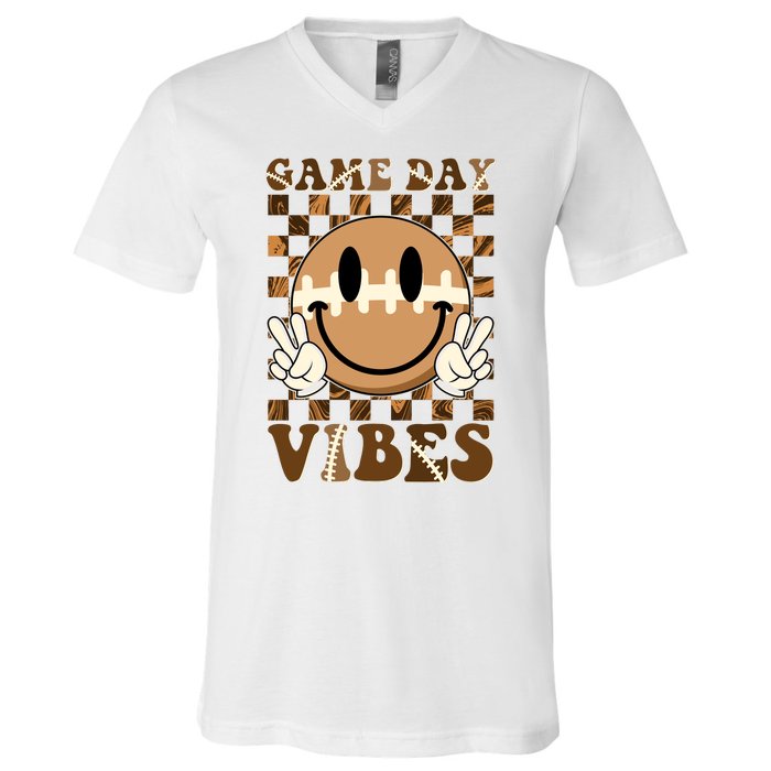 Retro Vintage Smiley Emoji Game Day Vibes Football Sports Fan V-Neck T-Shirt