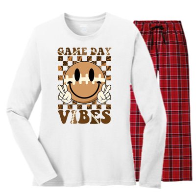 Retro Vintage Smiley Emoji Game Day Vibes Football Sports Fan Women's Long Sleeve Flannel Pajama Set 