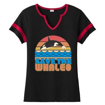 Retro Vintage Save The Whales Leaping Orca Killer Whale Ladies Halftime Notch Neck Tee