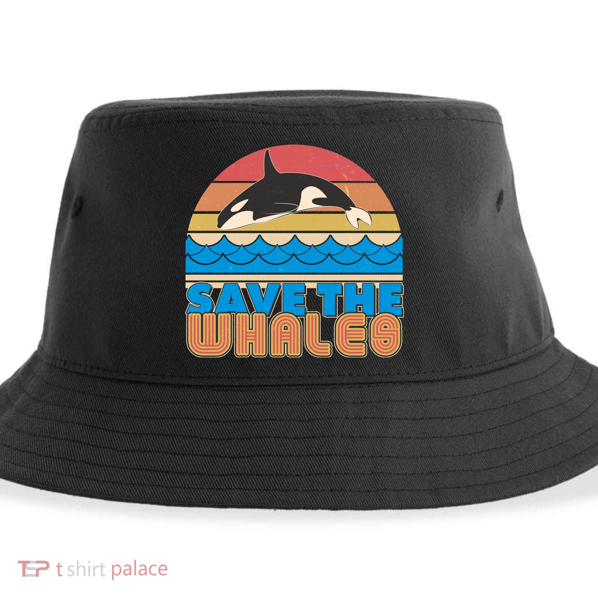 Retro Vintage Save The Whales Leaping Orca Killer Whale Sustainable Bucket Hat