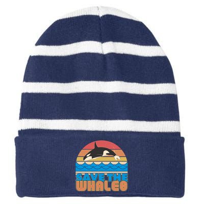 Retro Vintage Save The Whales Leaping Orca Killer Whale Striped Beanie with Solid Band