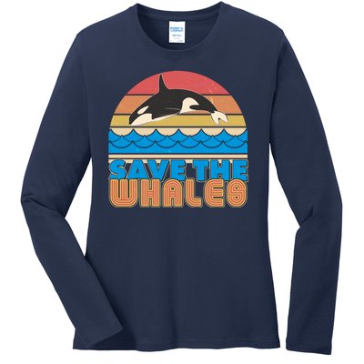 Retro Vintage Save The Whales Leaping Orca Killer Whale Ladies Long Sleeve Shirt