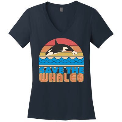 Retro Vintage Save The Whales Leaping Orca Killer Whale Women's V-Neck T-Shirt