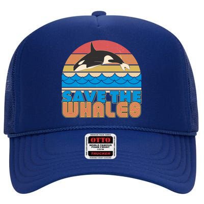 Retro Vintage Save The Whales Leaping Orca Killer Whale High Crown Mesh Back Trucker Hat