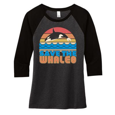 Retro Vintage Save The Whales Leaping Orca Killer Whale Women's Tri-Blend 3/4-Sleeve Raglan Shirt