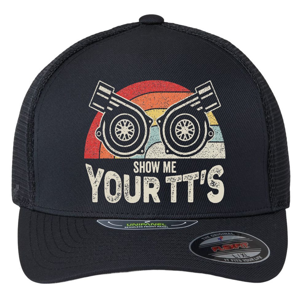 Retro Vintage Show Me Your Tt's Twin Turbo Car Racing Flexfit Unipanel Trucker Cap