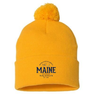 Retro Vintage State Of Maine Pom Pom 12in Knit Beanie