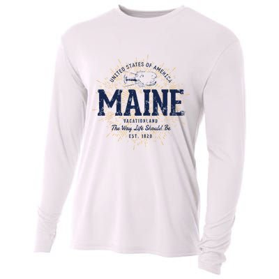 Retro Vintage State Of Maine Cooling Performance Long Sleeve Crew
