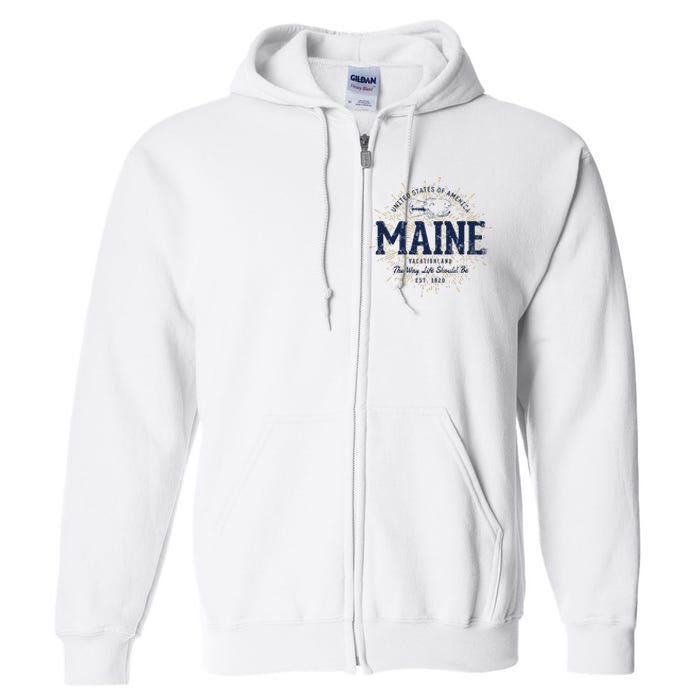 Retro Vintage State Of Maine Full Zip Hoodie