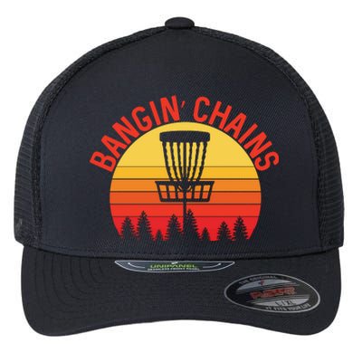 Retro Vintage Sunset Disc Golf Shirt Bangin Chains Flexfit Unipanel Trucker Cap