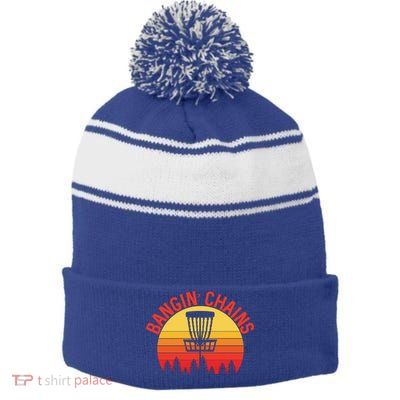 Retro Vintage Sunset Disc Golf Shirt Bangin Chains Stripe Pom Pom Beanie