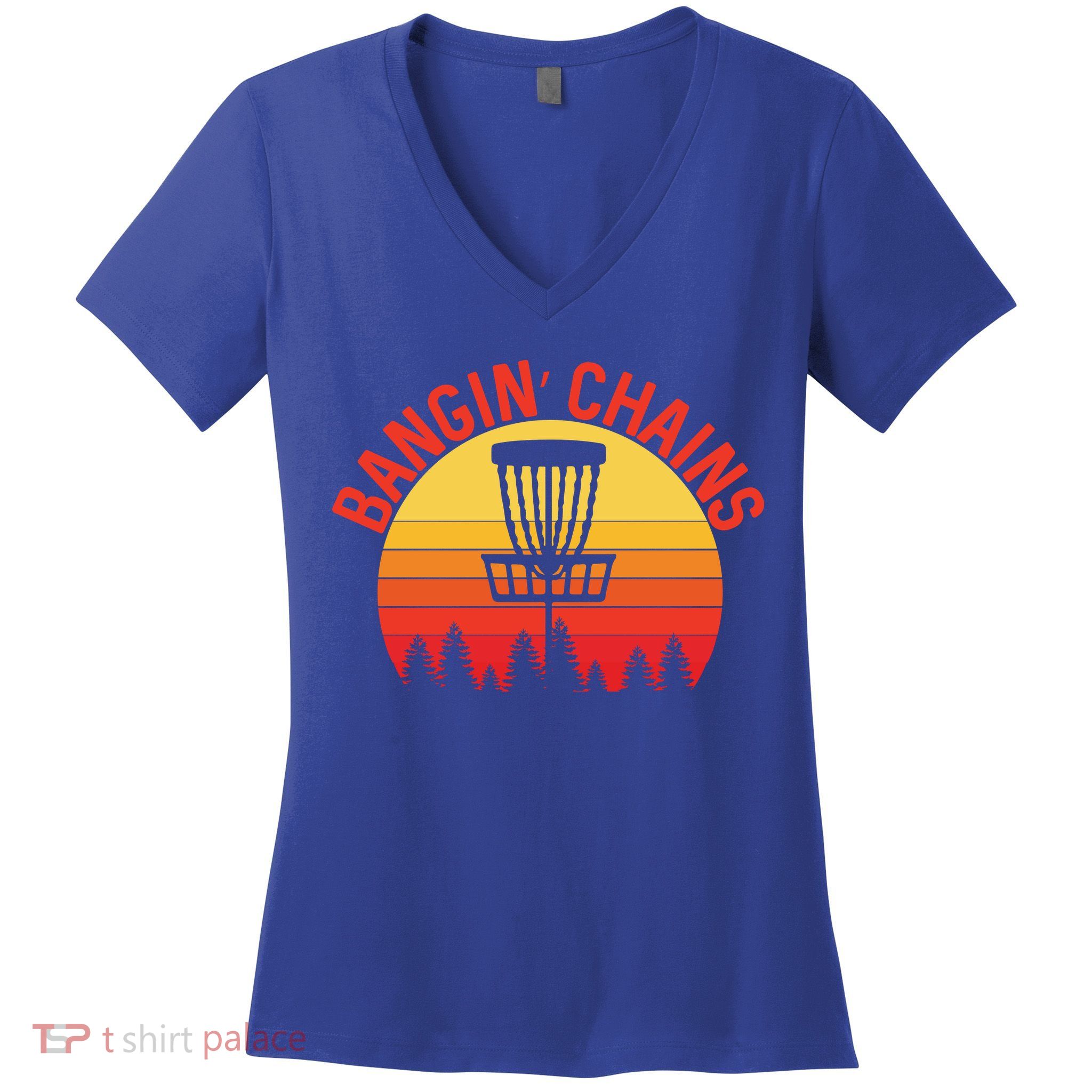 Retro Vintage Sunset Disc Golf Shirt Bangin Chains Women's V-Neck T-Shirt