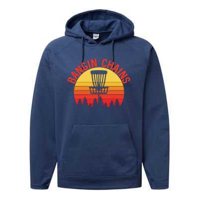 Retro Vintage Sunset Disc Golf Shirt Bangin Chains Performance Fleece Hoodie