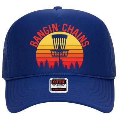 Retro Vintage Sunset Disc Golf Shirt Bangin Chains High Crown Mesh Back Trucker Hat