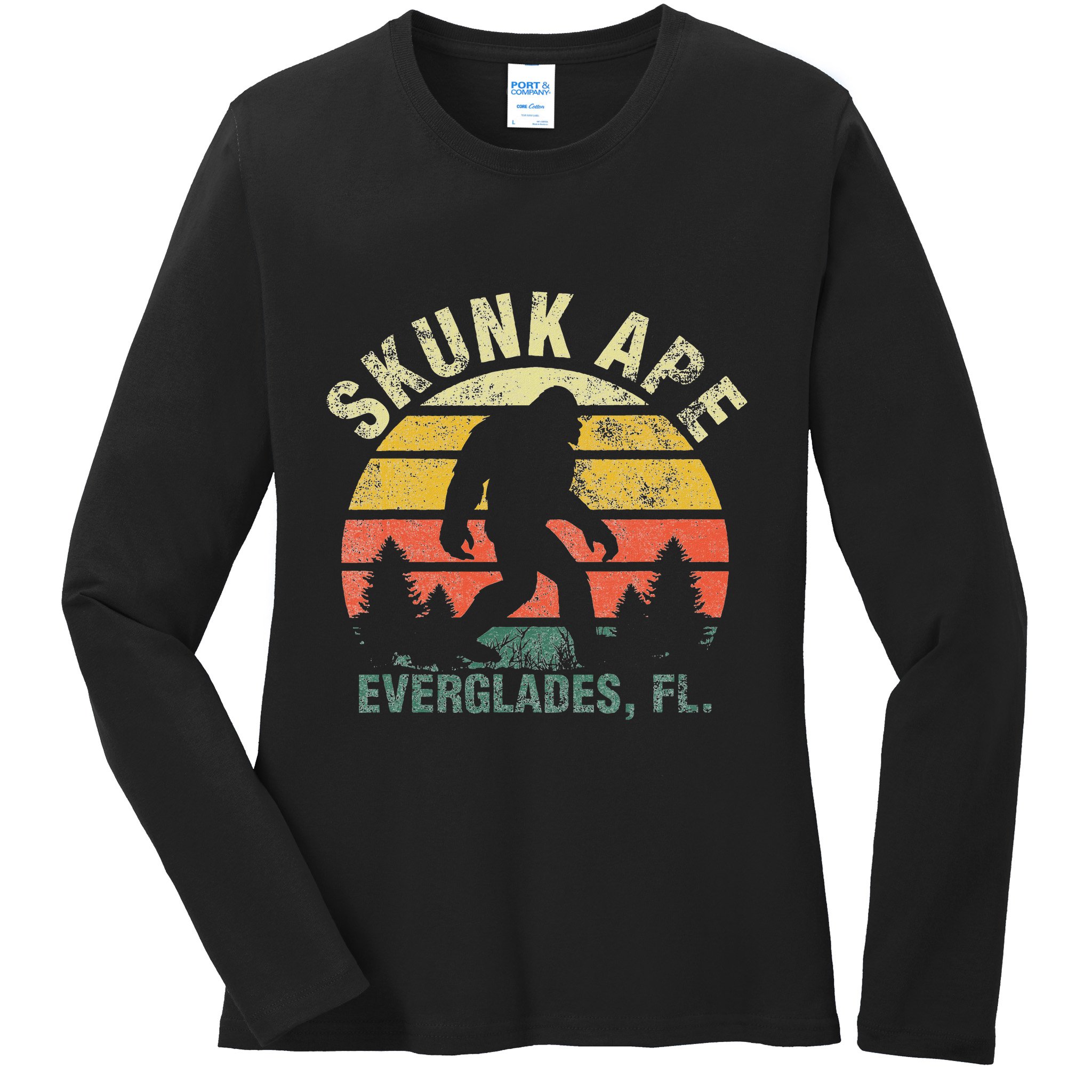 Retro Vintage Skunk Ape Florida Everglades Bigfoot Ladies Long Sleeve Shirt