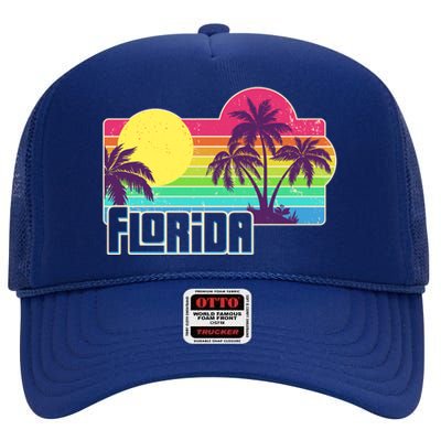 Retro Vintage Sunny Florida Palm Trees High Crown Mesh Back Trucker Hat