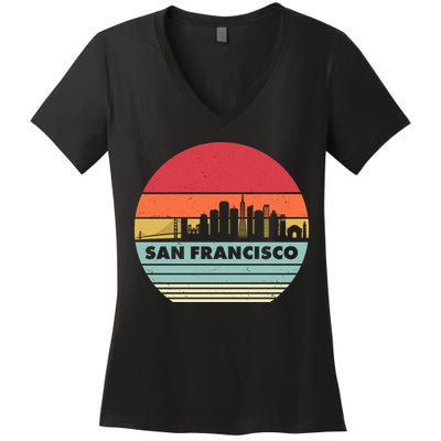 Retro Vintage San Francisco Skyline Emblem Women's V-Neck T-Shirt