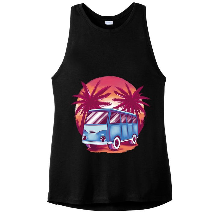Retro Van Sunset Beach Ladies PosiCharge Tri-Blend Wicking Tank