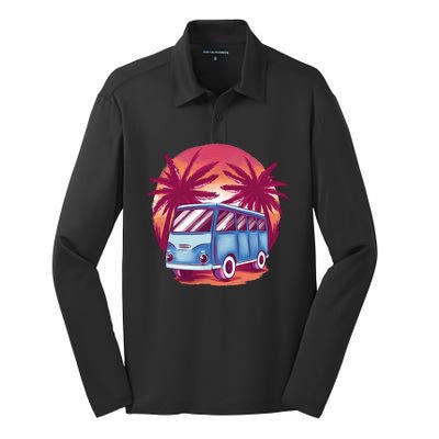 Retro Van Sunset Beach Silk Touch Performance Long Sleeve Polo