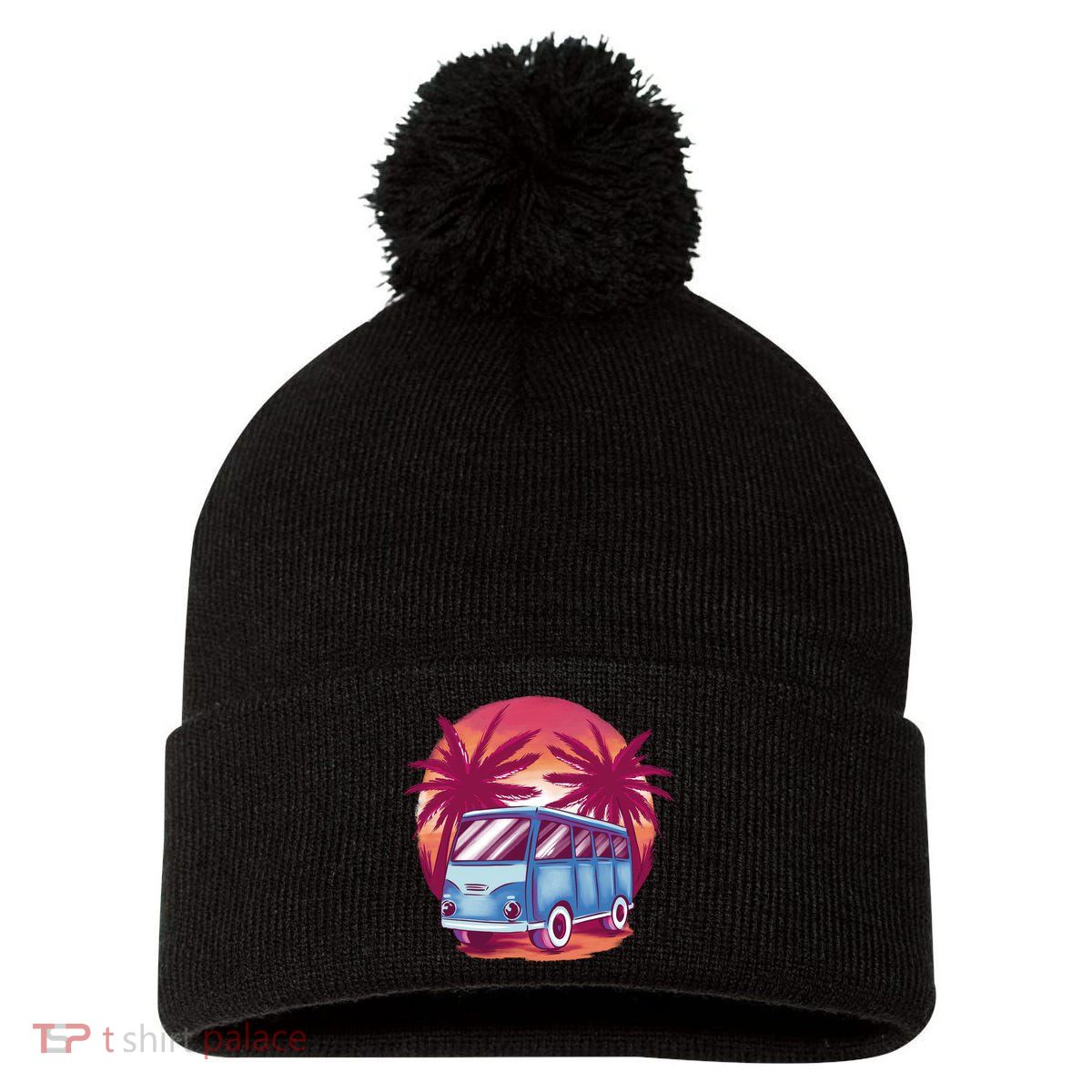 Retro Van Sunset Beach Pom Pom 12in Knit Beanie