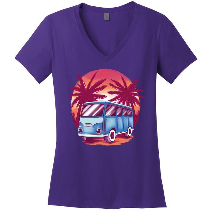 Retro Van Sunset Beach Women's V-Neck T-Shirt