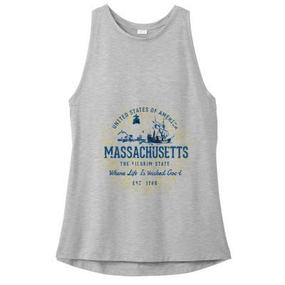 Retro Vintage State Of Massachusetts Ladies PosiCharge Tri-Blend Wicking Tank