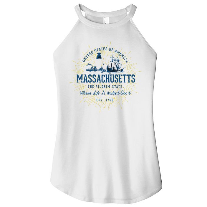 Retro Vintage State Of Massachusetts Women's Perfect Tri Rocker Tank