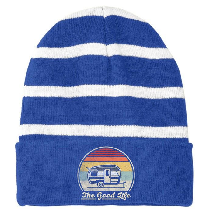 Retro Vintage Shasta Trailer The Good Life Camper Camping Gift Striped Beanie with Solid Band