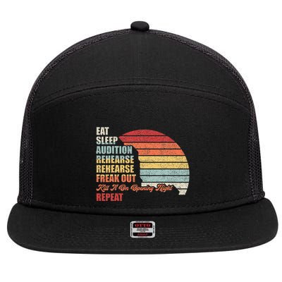 Retro Vintage Theater Geek Musical Life Eat Sleep Theatre 7 Panel Mesh Trucker Snapback Hat