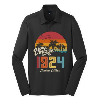 Retro Vintage Tropical Palm Trees Limited Edition 1924 100th Birthday Silk Touch Performance Long Sleeve Polo