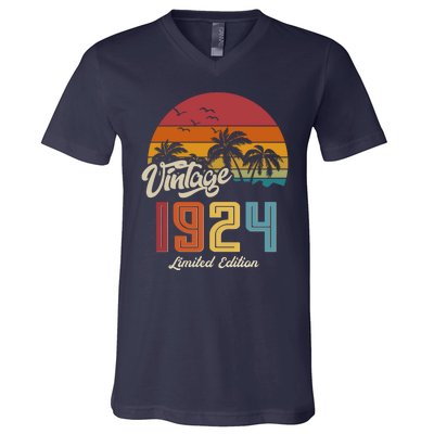 Retro Vintage Tropical Palm Trees Limited Edition 1924 100th Birthday V-Neck T-Shirt