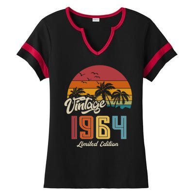 Retro Vintage Tropical Palm Trees Limited Edition 1964 60th Birthday Ladies Halftime Notch Neck Tee