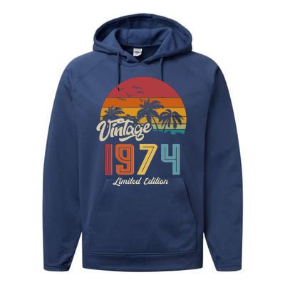 Retro Vintage Tropical Palm Trees Limited Edition 1974 50th Birthday Performance Fleece Hoodie