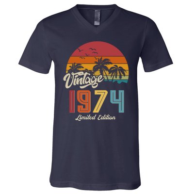 Retro Vintage Tropical Palm Trees Limited Edition 1974 50th Birthday V-Neck T-Shirt